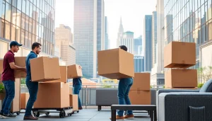 Moving Services with professional movers packing and transporting items in a vibrant city setting.