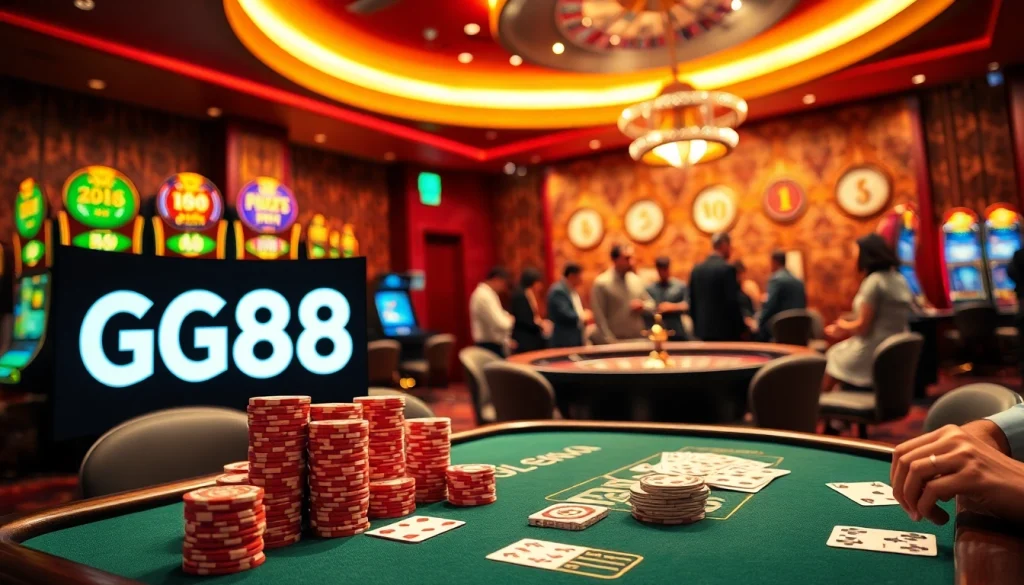 Experience the thrill of GG88 at a vibrant casino table filled with poker chips and cards.