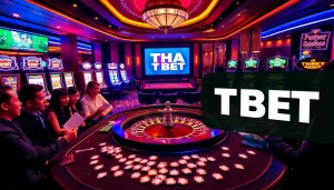 THA BET players enjoying a luxurious casino experience with poker and slot machines.