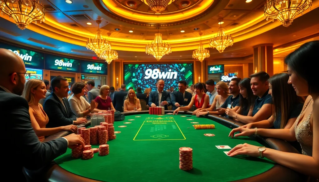 Players enjoying an exciting game of blackjack at 98win's luxurious casino.