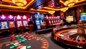 Experience the thrill of gaming at OK88 with colorful casino tables and vibrant slot machines.