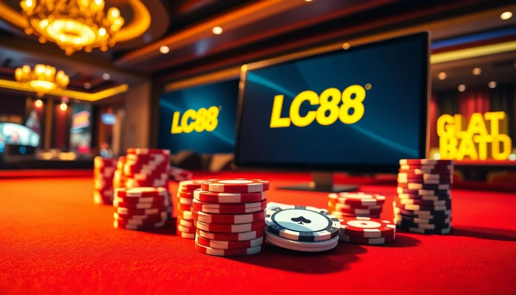 Engage with https://lc88.jpn.com/ at a luxurious poker table scene featuring cards and chips.