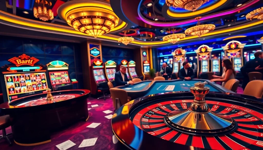 Gamblers enjoying a high-stakes game at the luxurious casino featured on https://hm88.blue/ with roulette and poker.
