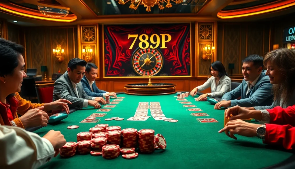 Players engaging at a luxurious poker table with 789P chips, creating an exciting casino atmosphere.
