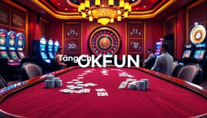 Engage with excitement at Trang Chủ OKFUN's high-stakes poker table featuring vibrant chips and thrilling gameplay.