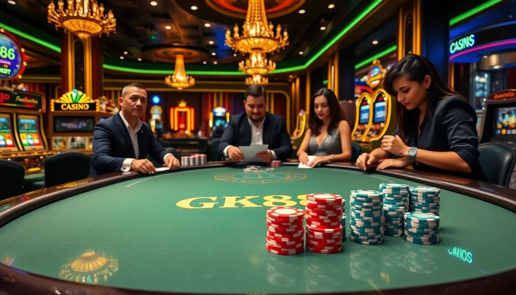 Experience thrilling gameplay at GK88 poker tables surrounded by a vibrant casino atmosphere.