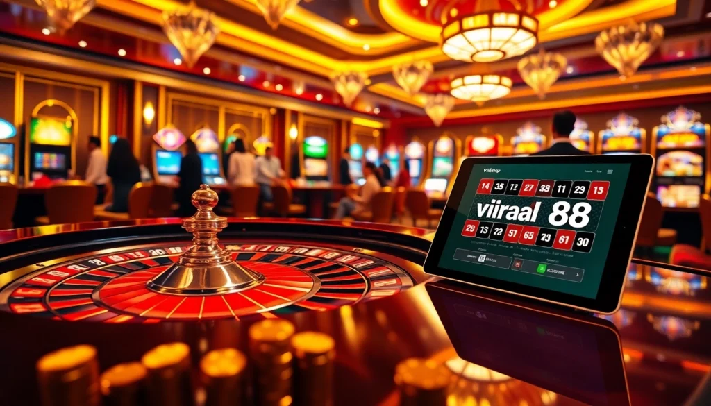 Experience thrilling gaming with viral88 at an elegant roulette table surrounded by excited players.