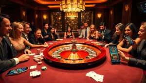 IWIN68 players enjoy high-stakes gambling at a luxurious casino table, showcasing excitement and professionalism.