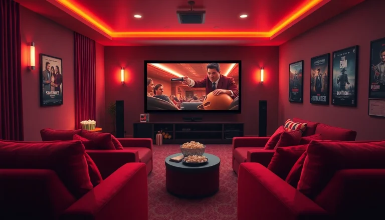 Home theater showcasing zonafilm experience with plush seating and cinematic decor.