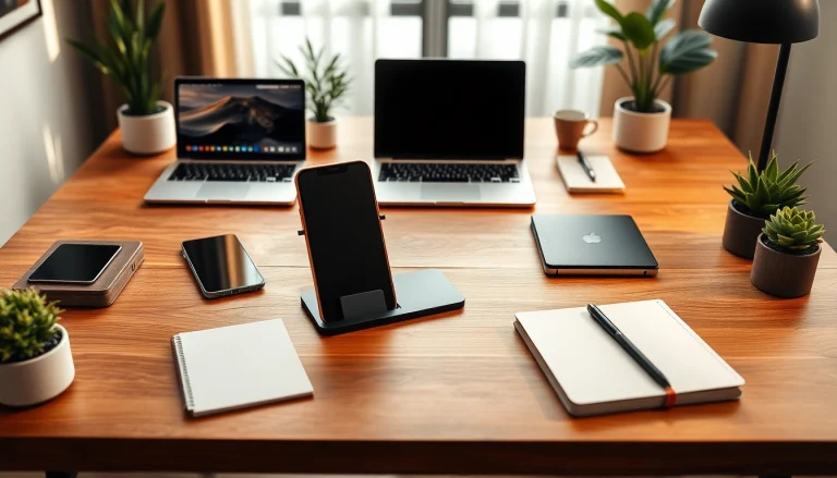 MMOO stylish workspace showcasing modern gadgets and wooden phone holder.