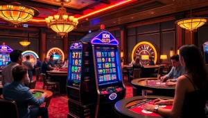 IDN slot machine lighting up a luxurious casino, exciting gamblers nearby.