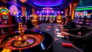 A celebration of winning with Go8 Link at a luxurious casino, showcasing roulette and poker excitement.