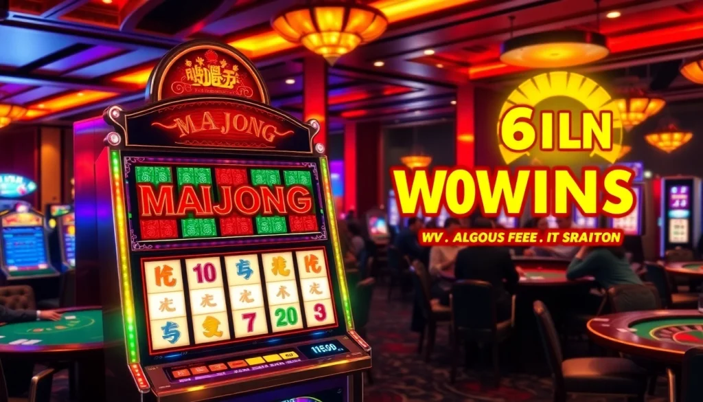 Players enjoying the mahjong slot demo in a lively casino atmosphere, showcasing exciting features and potential big wins.