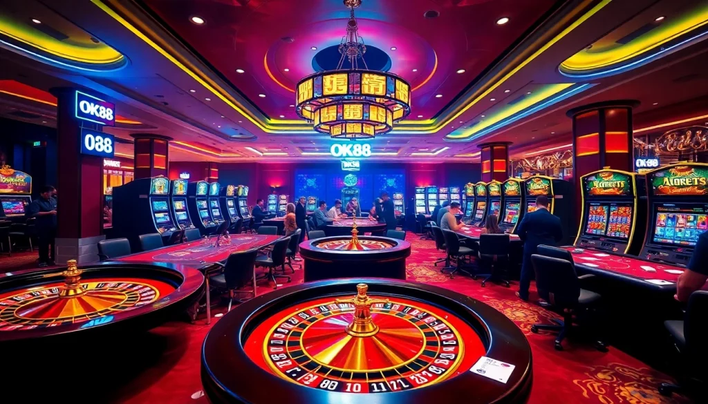 Engage in thrilling games at OK88's vibrant casino, showcasing lively roulette and poker tables.