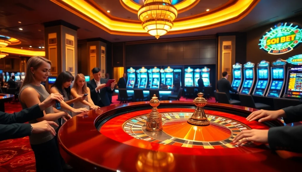 Players enjoying a lively gaming experience at SOIBET casino with vibrant roulette and slot machines.
