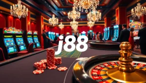 Engage with j88 gaming excitement at a luxurious casino table filled with vibrant poker chips and cards.