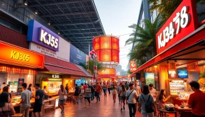 Vibrant scene at KJC365's entertainment complex with diverse activities and visitors.