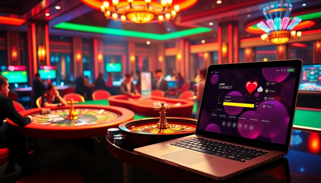 Players logged in (লগইন) to an online casino, surrounded by vibrant gaming tables and cards.
