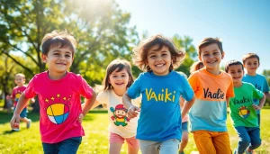 Vaikiški marškinėliai rodomi laimingų vaikų, žaidžiančių saulėtame parke.