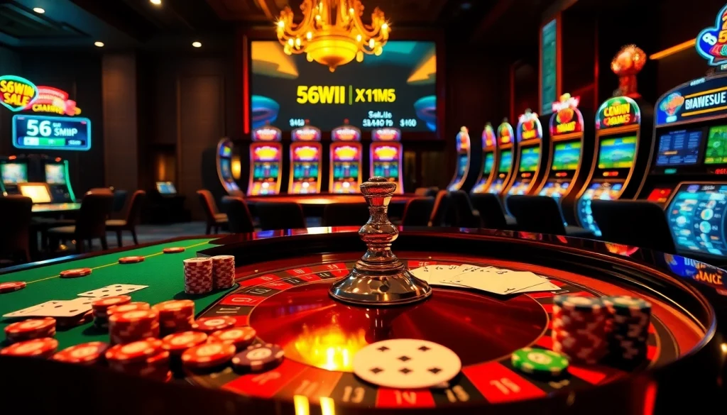 Experience the thrill of 56WIN SALE at a luxurious casino with vibrant roulette and poker scenes.