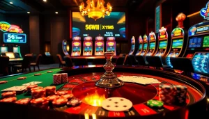 Experience the thrill of 56WIN SALE at a luxurious casino with vibrant roulette and poker scenes.