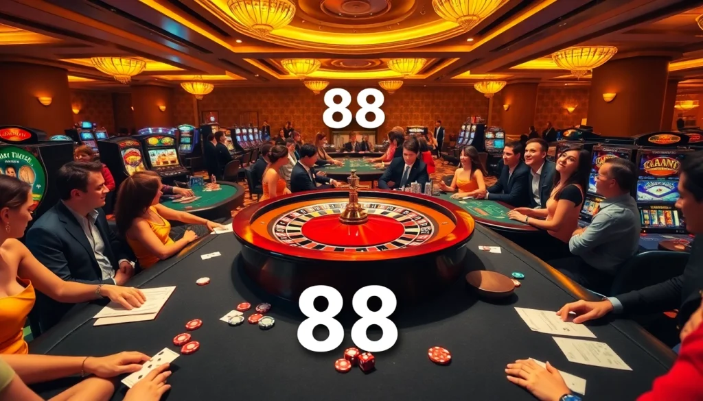 Experience thrilling casino action with players at tables featuring poker chips and a roulette wheel, highlighting 88t.