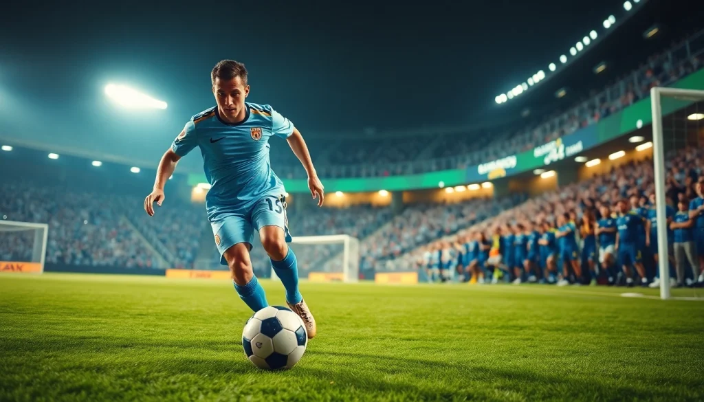 โปรแกรมบอล แสดงนักฟุตบอลในการแข่งขันที่เข้มข้นในสนาม