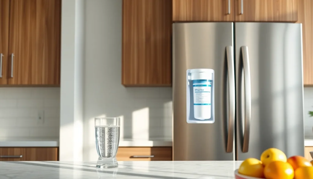 AQUA CREST Replacement for GE® RPWFE installed in a modern refrigerator with fresh fruits and filtered water.