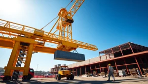 Double girder bridge crane lifting a steel beam at a construction site.
