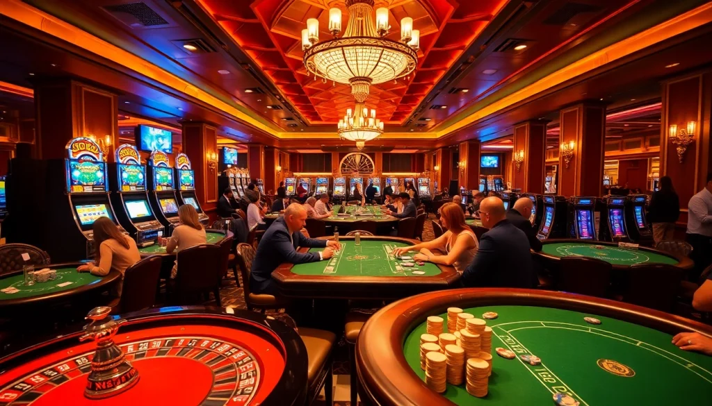 SODO Casino scene with players at roulette and poker tables, showcasing excitement and luxury in gaming.