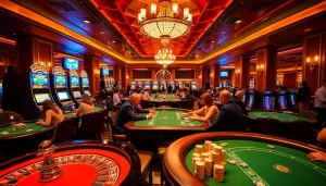SODO Casino scene with players at roulette and poker tables, showcasing excitement and luxury in gaming.