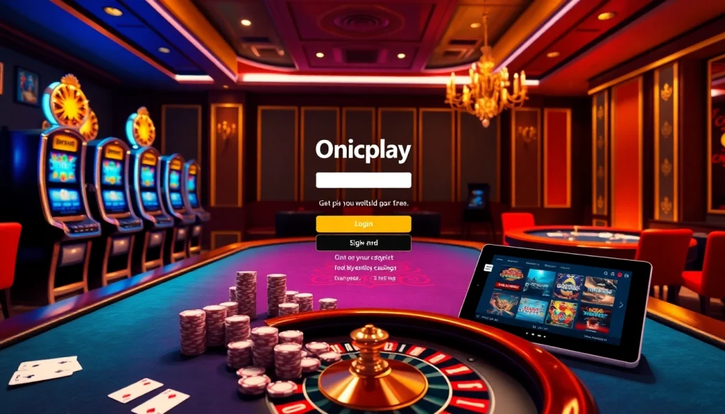 Onicplay login interface displayed on a glamorous casino backdrop with gaming elements.