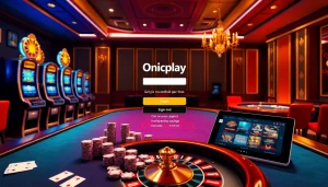 Onicplay login interface displayed on a glamorous casino backdrop with gaming elements.