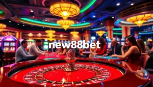 A vibrant casino scene highlighting the excitement of new88bet with roulette, poker chips, and enthusiastic players.