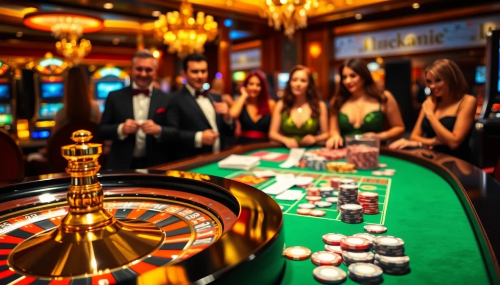 Luckywin players enjoying a lively casino atmosphere with roulette wheel and chips.
