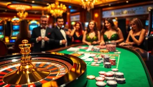 Luckywin players enjoying a lively casino atmosphere with roulette wheel and chips.