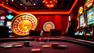 Engaging gambling experience showcasing Nhà cái 789P with poker chips, roulette wheel, and slot machines.