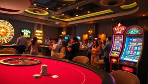 Experience the thrilling atmosphere of sa88 with a luxurious casino scene featuring vibrant tables and eager players.