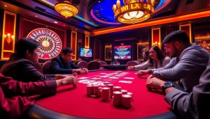 Enthusiastic players at a high-stakes poker table with vibrant elements from https://tt88.fund/ showcasing the excitement of gambling.
