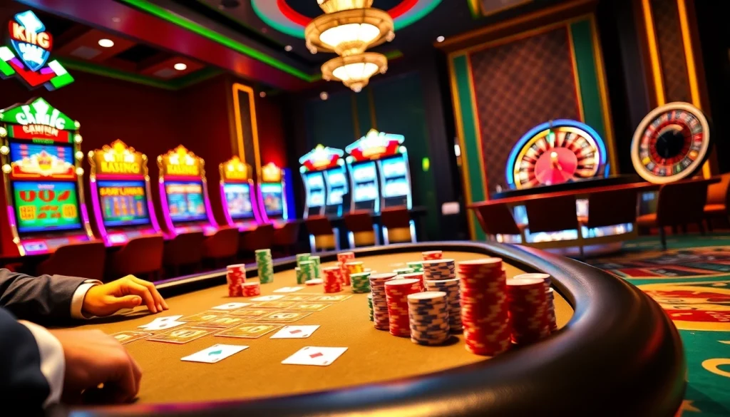 Exciting casino homepage showcasing a vibrant poker table and spinning roulette wheel.