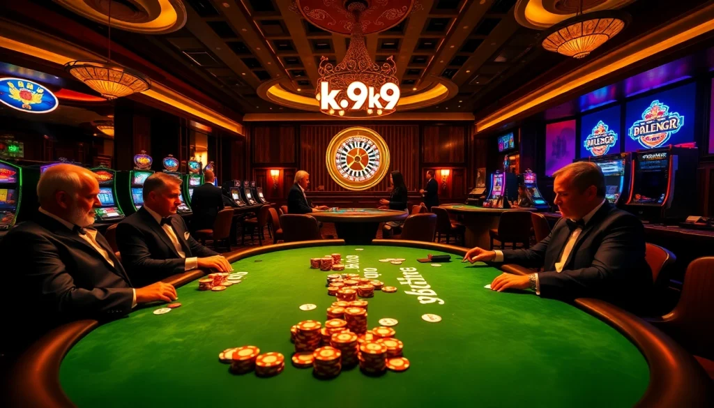 Players engage in high-stakes games at a k9k9 casino table with vibrant poker chips and cards.