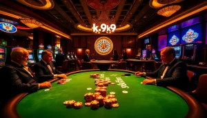 Players engage in high-stakes games at a k9k9 casino table with vibrant poker chips and cards.