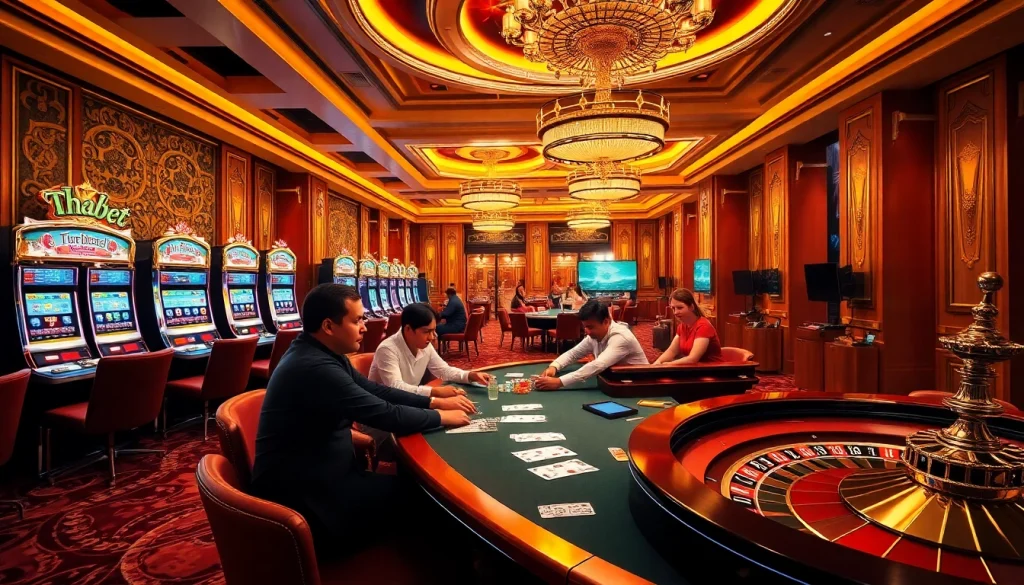Players enjoying a thrilling game at thabet casino, surrounded by vibrant slot machines and elegant décor.