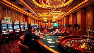 Players enjoying a thrilling game at thabet casino, surrounded by vibrant slot machines and elegant décor.