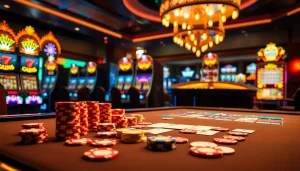 Trải nghiệm lối chơi hồi hộp tại cg79 với các đồng chip poker sống động và máy đánh bạc được chiếu sáng.