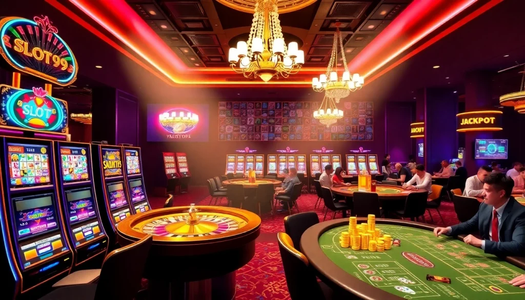 SLOT99 gaming excitement with vibrant slot machines and a glamorous casino atmosphere.