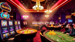 SLOT99 gaming excitement with vibrant slot machines and a glamorous casino atmosphere.