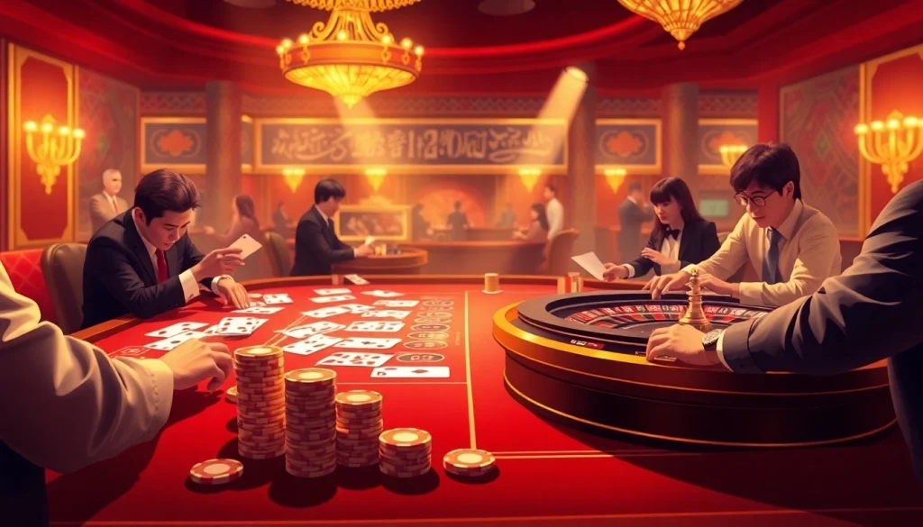 Engaging casino scene featuring Trang chủ 32win, highlighting vibrant poker and gambling action.