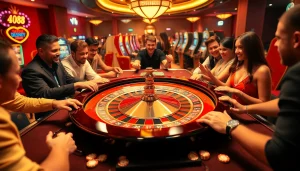 Engaging casino scene highlighting CM88 branded chips at a roulette table.