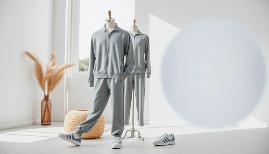 The Essentials Tracksuit showcased in a stylish, casual setting, emphasizing modern streetwear aesthetics.